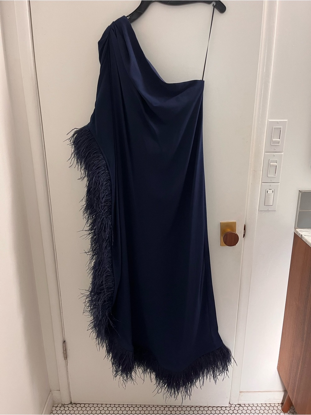 Trina Turk Navy One-Shoulder Maxi Dress with Feather Trim